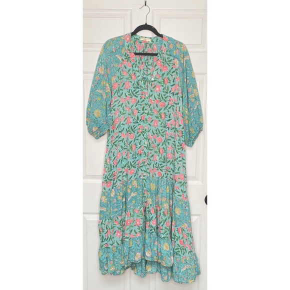 Dresses & Skirts - Wayward Fancies Womens XL Dress Green Floral Print Cotton Tiered Trapeze Peasant